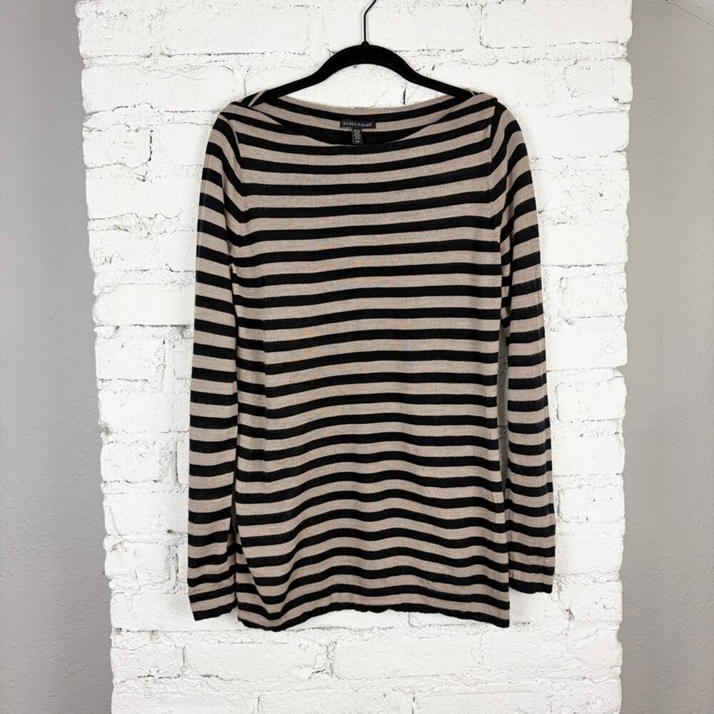 Eileen Fisher Bateau Taupe Merino Wool Grey Black Striped Long Sleeve Small